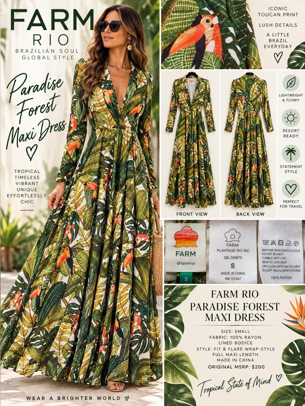 FARM Rio Paradise Forest Toucan Maxi Dress Green Tropical S